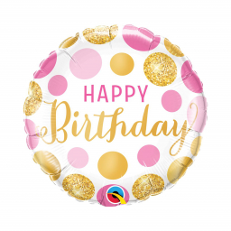 Balónek fóliový Happy Birthday Kolo s puntíky růžové/zlaté