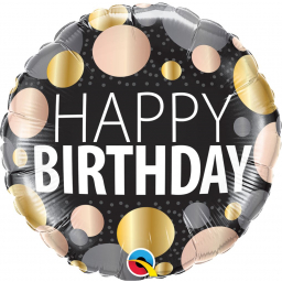 Balónek fóliový Happy Birthday Kolo černé s puntíky stříbrné, zlaté, rose gold