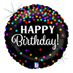 Balónek fóliový Happy Birthday Kolo černé s puntíky barevné