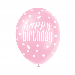 Balónky latexové Happy Birthday perleťové růžové, fialové, bílé 6 ks