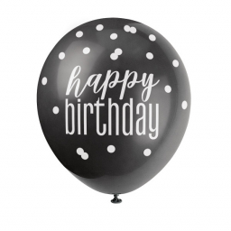 Balónky latexové Happy Birthday perleťové černé, šedé, bílé 6 ks