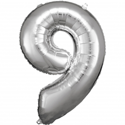 Balónek fóliový 88 cm číslo 09 stříbrný