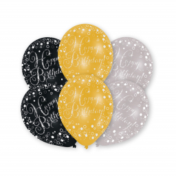 Balónky latexové Happy Birthday černé, zlaté, stříbrné 6 ks