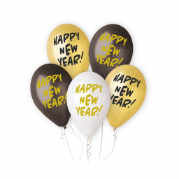 Balónky latexové Happy New Year zlaté, černé 5ks