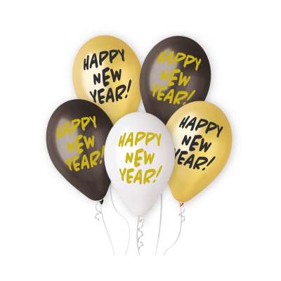 Balónky latexové Happy New Year zlaté, černé 5ks                    