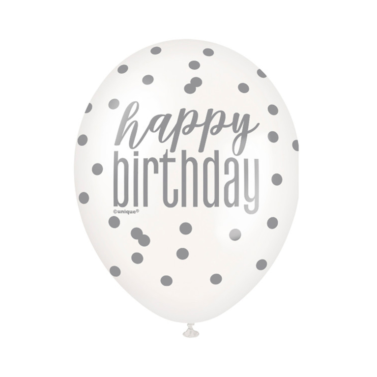                             Balónky latexové Happy Birthday perleťové černé, stříbrné, bílé 6 ks                        