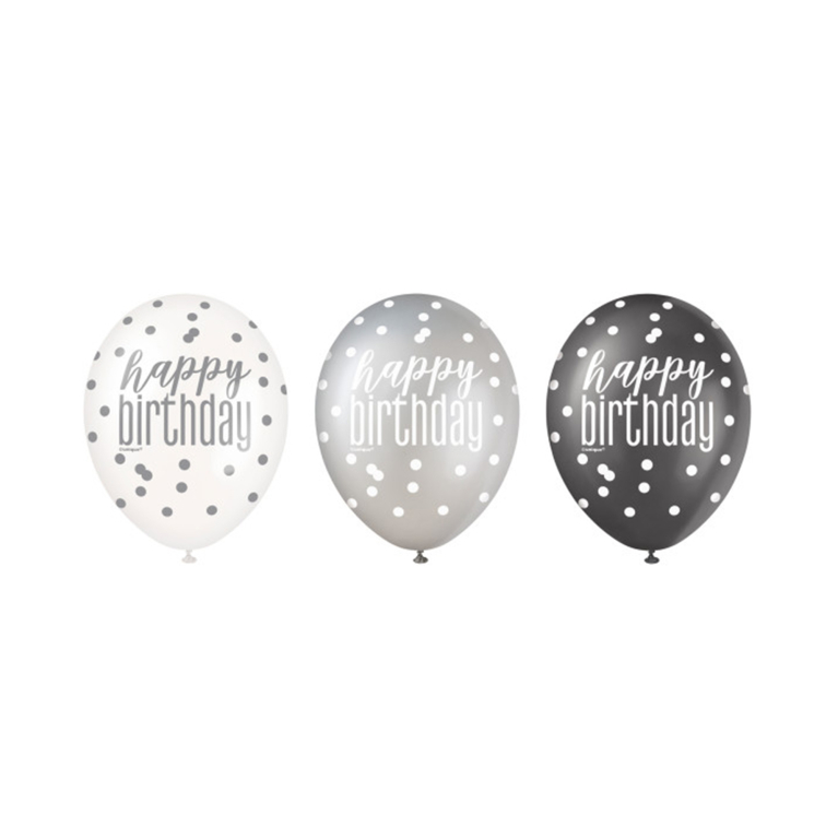 Balónky latexové Happy Birthday perleťové černé, stříbrné, bílé 6 ks                    