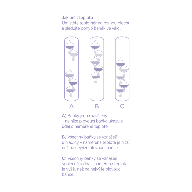                            Galileův skleněný teploměr - 18 cm (fialové baňky)                        